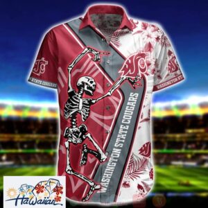 NCAA Washington State Cougars Skeleton Dancing Red White Hawaiian Shirt Trendy Aloha 1