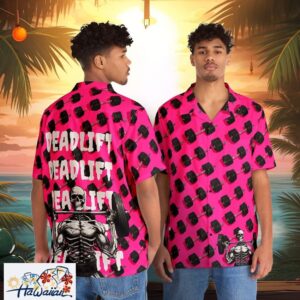 Skeleton Weightlifter Button Up Shirt for Gym Motivation and Beach Trips Trendy Aloha 1