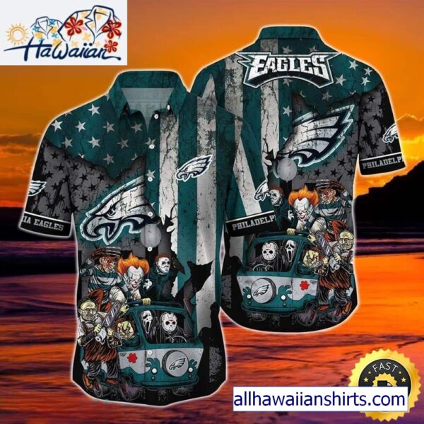 Horror Halloween Characters NFL Philadelphia Eagles Hawaiian Shirt 1