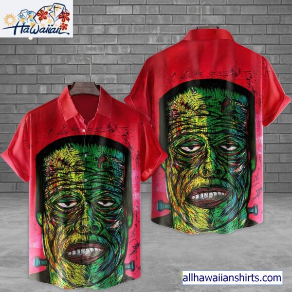 Frankenstein Color Woodcut Art Horror Movie Halloween All Over Print 3D Hawaiian Shirt 1