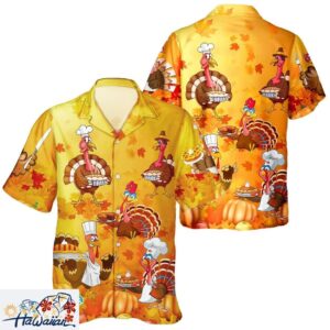 Turkey Enthusiast Unisex Hawaiian Shirt with Autumn Pumpkin Leaves Trendy Aloha 1