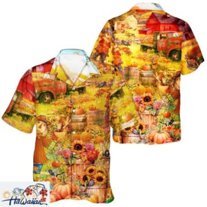 Fall Garden Grome Unisex Hawaiian Shirt with Autumn Pumpkin Leaves Trendy Aloha 1