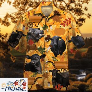 Black Angus Cattle Nature Autumn Pumpkin All Over Printed 3D Hawaiian Shirt Trendy Aloha 1