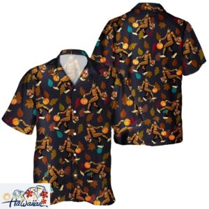 Bigfoot Turkey Autumn Pumpkin Unisex Hawaiian Shirt for Fall Season Trendy Aloha 1