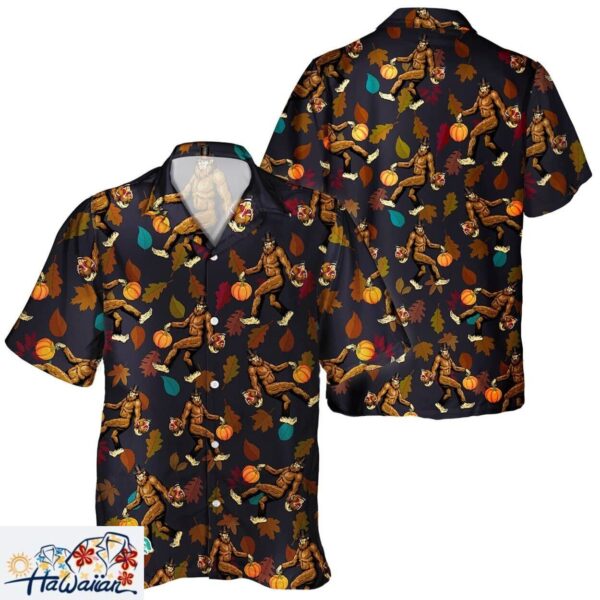 Bigfoot Turkey Autumn Pumpkin Unisex Hawaiian Shirt for Fall Season Trendy Aloha 1