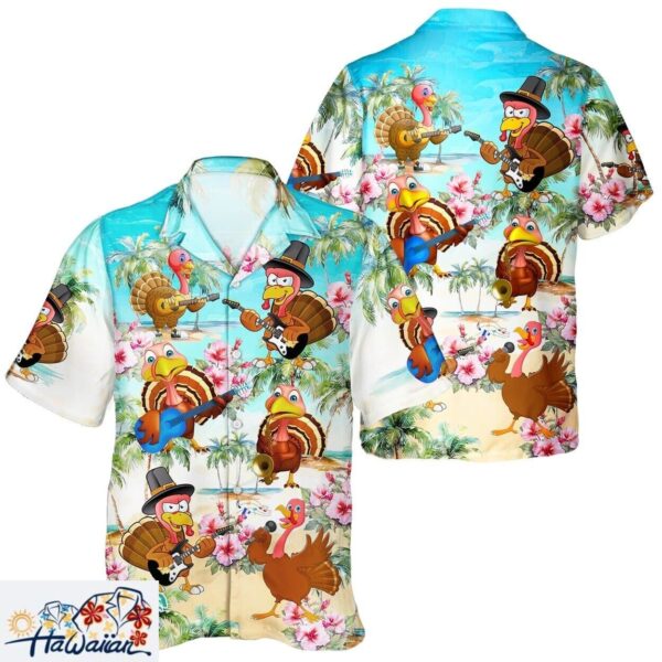Guitar Turkey Thanksgiving Unisex Hawaiian Shirt with Pumpkin Motif Trendy Aloha 1