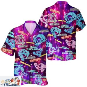 Neon Turkey and Pumpkin Unisex Hawaiian Shirt for Thanksgiving Gathering Trendy Aloha 1