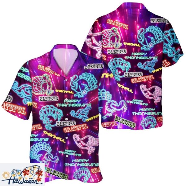 Neon Turkey and Pumpkin Unisex Hawaiian Shirt for Thanksgiving Gathering Trendy Aloha 1