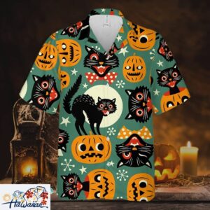 Spooky Black Cat Pumpkin Halloween Scene Premium Hawaiian Shirt Trendy Aloha 1