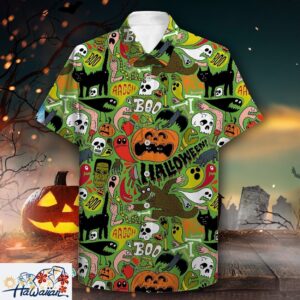 Spooktacular Pumpkin Black Cat Castle Ghost Halloween Hawaiian Trendy Aloha 1