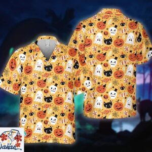 Halloween Black Cat Pumpkin Aloha Hawaiian Costume Gift Shirt Trendy Aloha 1