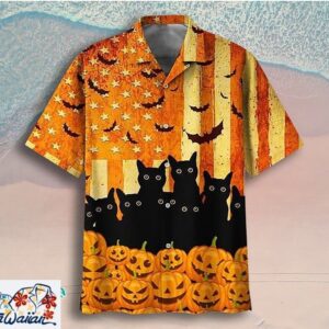 Halloween Black Cat Pumpkin Graphic Tropical Hawaiian Shirt Unisex Trendy Aloha 1
