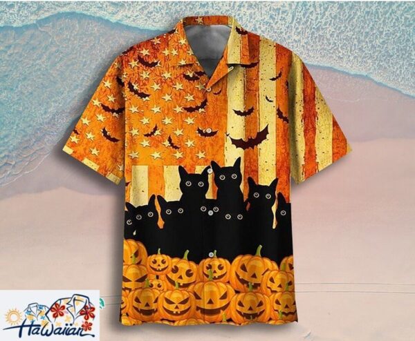 Halloween Black Cat Pumpkin Graphic Tropical Hawaiian Shirt Unisex Trendy Aloha 1