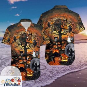 Mysterious Black Cat Meets Halloweens Pumpkin on Hawaiian Shirt Trendy Aloha 1