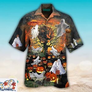 Ghouls Fun Pumpkin Print Unisex Hawaiian Shirt for Halloween Parties Trendy Aloha 1