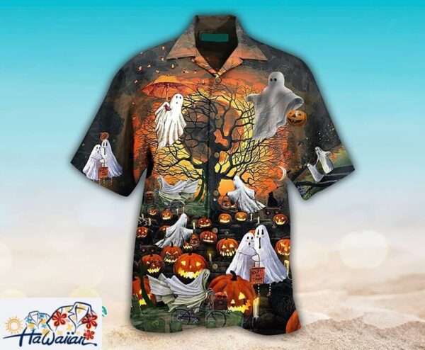Ghouls Fun Pumpkin Print Unisex Hawaiian Shirt for Halloween Parties Trendy Aloha 1