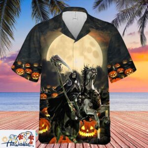 Scary Pumpkin Field Death Rider Halloween Premium Hawaiian Tee Trendy Aloha 1