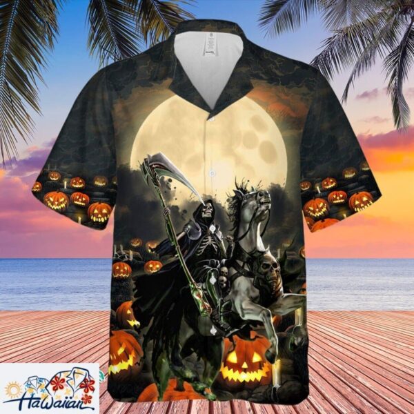 Scary Pumpkin Field Death Rider Halloween Premium Hawaiian Tee Trendy Aloha 1