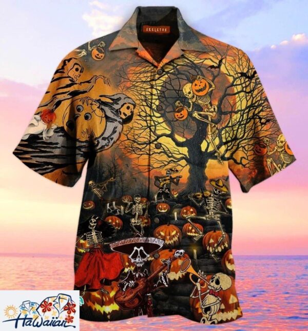 Ghosh Skeletons Pumpkin Field Halloween Premium Hawaiian Shirt Trendy Aloha 1