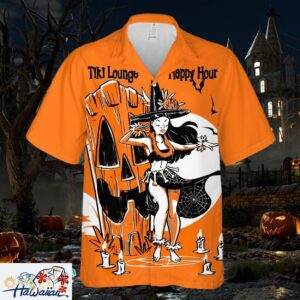 Halloween Pumpkin Girl Happy Hour Orange Premium Hawaiian Top Trendy Aloha 1