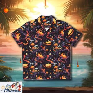 Abstract Halloween Pumpkin Imagery on Spooky Unisex Hawaiian Shirt Trendy Aloha 1