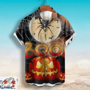 Pumpkin Skull Casual Halloween Short Sleeve Hawaiian Shirt Trendy Aloha 1