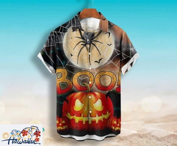 Pumpkin Skull Casual Halloween Short Sleeve Hawaiian Shirt Trendy Aloha 1
