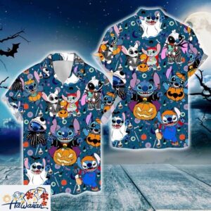 Stitch Ghost Pumpkin Spooky Season Beach Hawaiian Button Down Shirt Trendy Aloha 1