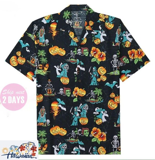 Halloween Ghost Pumpkin Tropical Movie Theme Aloha Summer Shirt Trendy Aloha 1