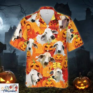 Autumn Leaf Brahman Cattle Pumpkin All Printed 3D Hawaiian Shirt Trendy Aloha 1