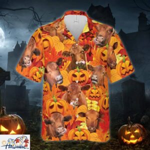 Autumn Leaf Red Angus Cattle Pumpkin All Printed 3D Hawaiian Shirt Trendy Aloha 1