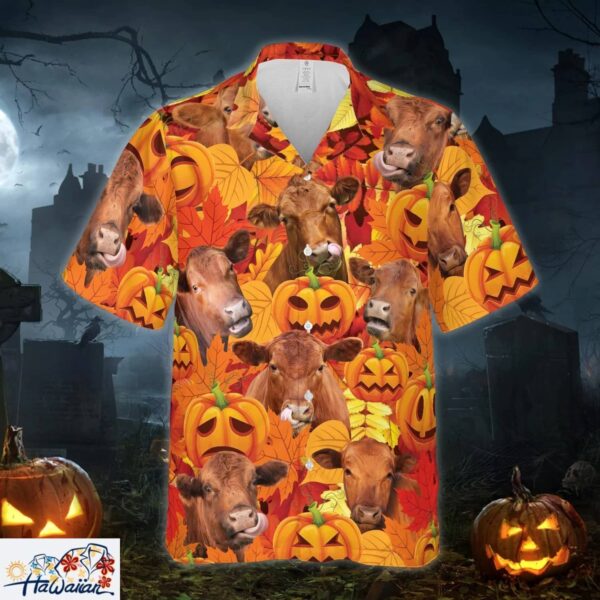 Autumn Leaf Red Angus Cattle Pumpkin All Printed 3D Hawaiian Shirt Trendy Aloha 1
