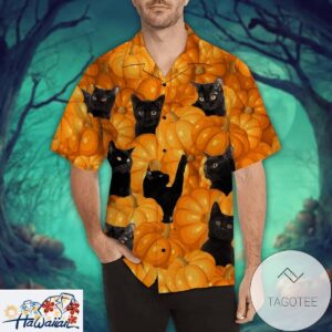 Black Cat Pumpkin Halloween Design Hawaiian Shirt Elegance Tropical Style Trendy Aloha 1