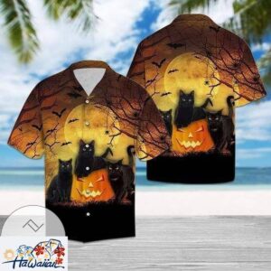 Black Cat Pumpkin Halloween Pattern Hawaiian Shirts Trendy Aloha 1