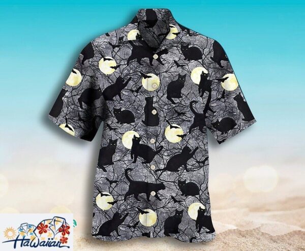 Black Cat Pumpkin Pattern Halloween Beach Casual Hawaiian Shirt Trendy Aloha 1