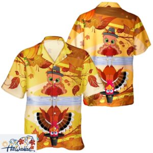 Festive Unisex Turkey Plus Pumpkin Leaf Print Hawaiian Thanksgiving Top Trendy Aloha 1