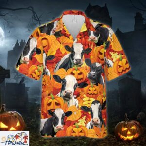 Autumn Leaf Holstein Cattle Pumpkin All Printed 3D Hawaiian Shirt Trendy Aloha 1