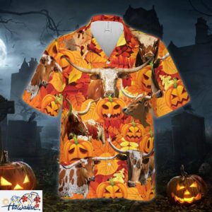 Autumn Leaf Txlonghorn Cattle Pumpkin All Printed 3D Hawaiian Shirt Trendy Aloha 1