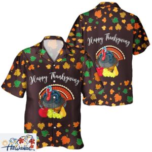 Festive Unisex Fall Turkey Pumpkin Leaves Button Up Hawaiian Shirt Trendy Aloha 1