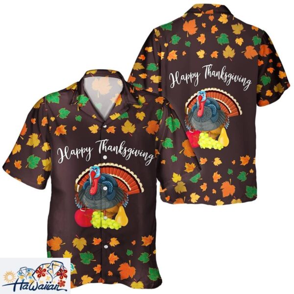 Festive Unisex Fall Turkey Pumpkin Leaves Button Up Hawaiian Shirt Trendy Aloha 1
