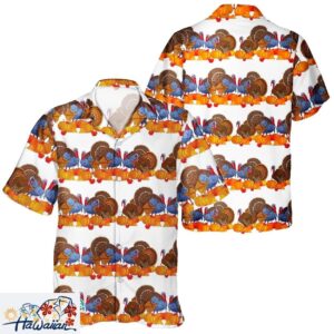 Thanksgiving Unisex Aloha Shirt Featuring Turkey Plus Pumpkin Leaf Art Trendy Aloha 1