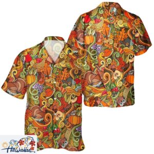 Unisex Autumn Pumpkin Turkey Pattern Thanksgiving Aloha Shirt Trendy Aloha 1