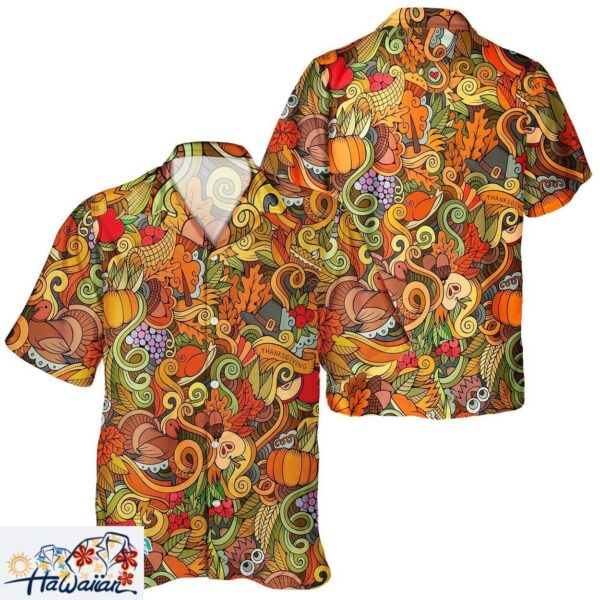 Unisex Autumn Pumpkin Turkey Pattern Thanksgiving Aloha Shirt Trendy Aloha 1
