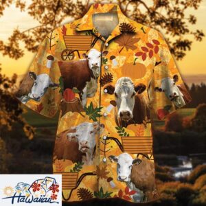 Hereford Cattle Nature Autumn Pumpkin All Over Printed 3D Hawaiian Shirt Trendy Aloha 1