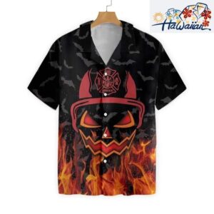 Halloween Firefighter With fire and Bat Hawaiian Shirt