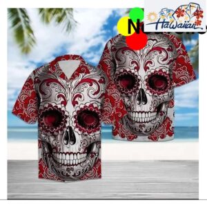 Halloween Red Skull Floral Hawaiian Shirt Nouvette 1