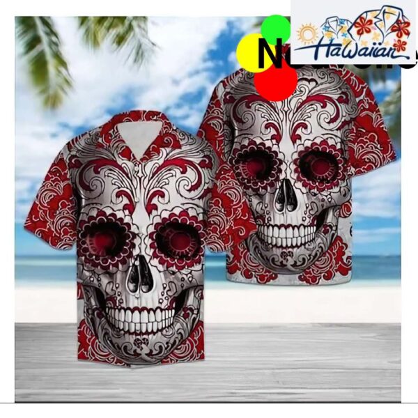 Halloween Red Skull Floral Hawaiian Shirt Nouvette 1