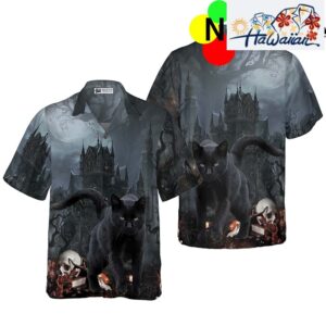 Black Cat In Spooky Halloween Hawaiian Shirt Nouvette 1