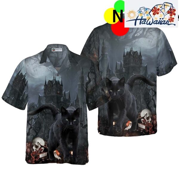 Black Cat In Spooky Halloween Hawaiian Shirt Nouvette 1