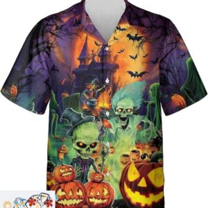 Halloween Themed Funny Short Sleeve Hawaiian Shirts for Parties Trendy Aloha 1
